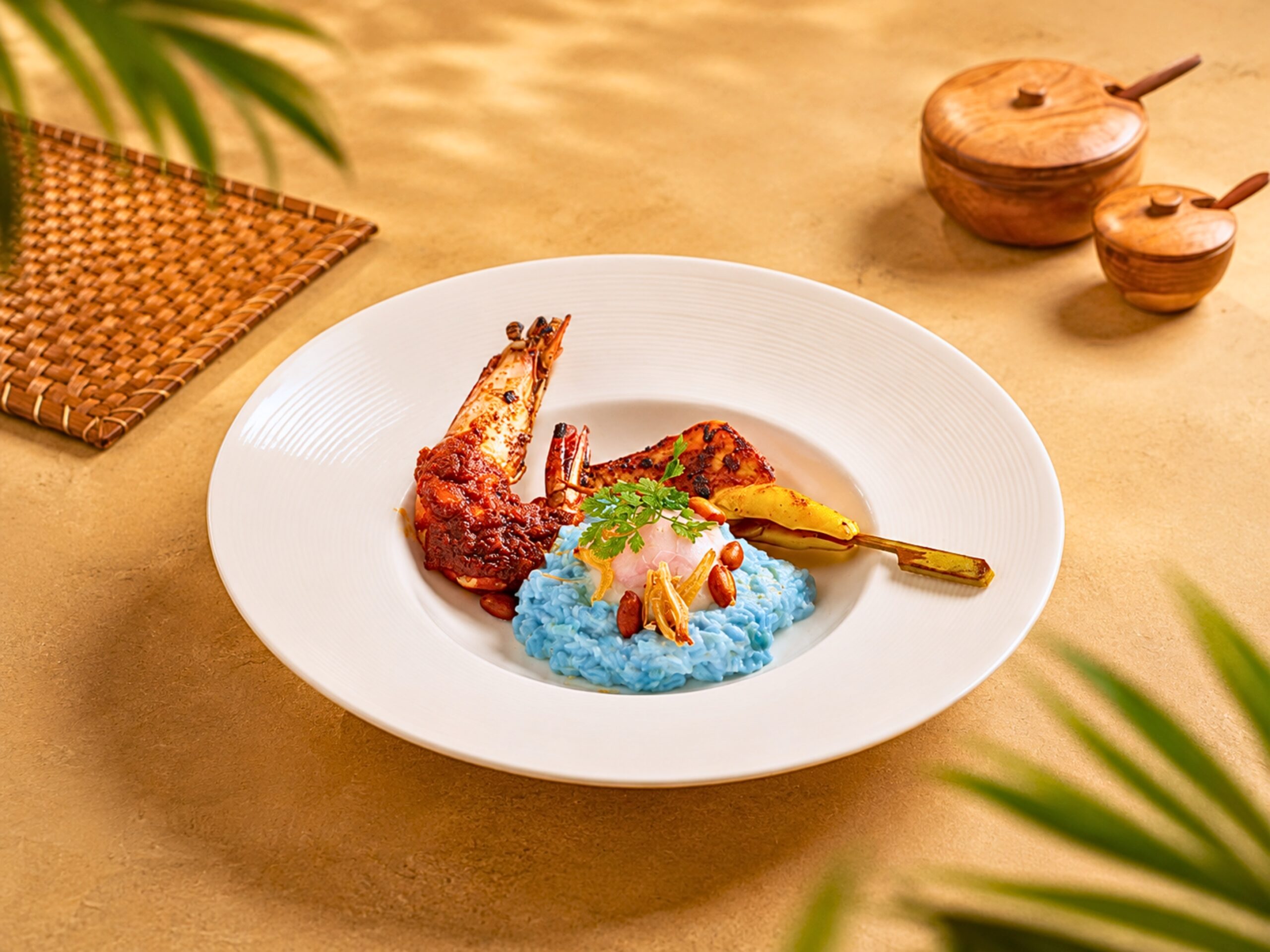 Hotel Indigo Singapore Katong, Hotel Indigo Bintan Lagoi Beach Across the Straits 4-hands Lunch Dinner Singapore Baba Chews, Nasi Lemak Risotto with King Prawn and Bintan Turmeric Squid
